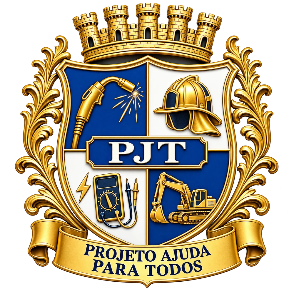 Brasão PJT — Projeto Ajuda para Todos, com coroa, tocha de soldagem, capacete de bombeiro, multímetro com raio e escavadeira, em azul, branco e dourado.