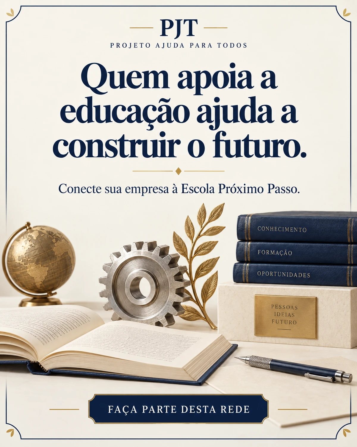Folder claro com livro, engrenagem, globo e elementos de formação, sem pessoas.