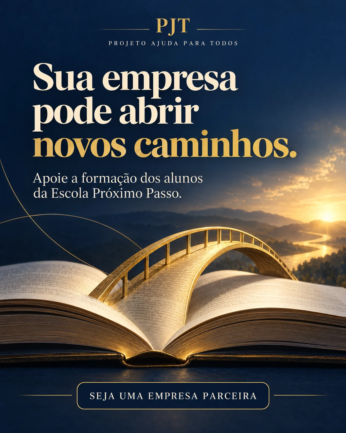 Folder azul e dourado com um livro aberto e uma ponte simbólica, sem pessoas.